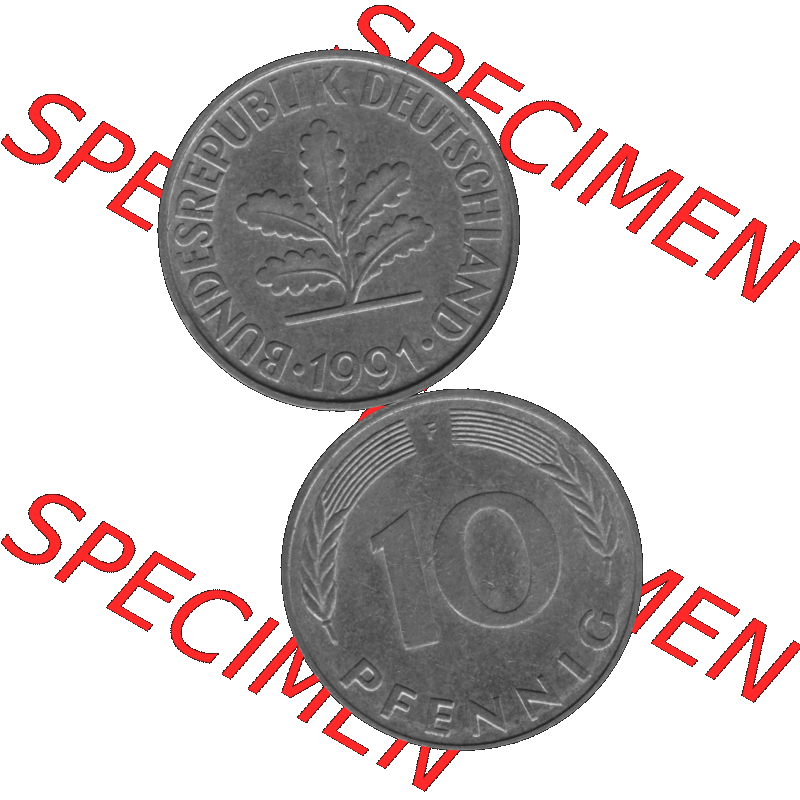 BRD Münzen 10 Pf. Umlaufmünze in PNG 1950-2001, 10 Pfennig 1991 F-01 Graustufen. Graues-Bild aus farbigen Bild erstellt mit Vorderseite und Rückseite auf einen Bild /... Sammlung