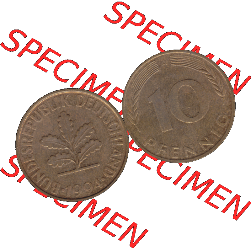 BRD Münzen 10 Pf. Umlaufmünze in PNG 1990-2001, 10 Pfennig 1994 A-01. Vorderseite und Rückseite mit Wert-Zahl auf einen Bild / Foto der digitalisierten 10 Pfennig... Sammlung