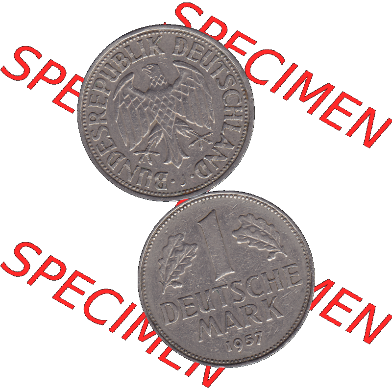BRD Münzen 1 DM, Umlaufmünze 1950-2001, BRD Deutschland 1 / Eine DM - 1 Eine Deutsche Mark, 1957 Münzzeichen Hamburg Mzz J-1. Münzen-Rückseite und... Sammlung