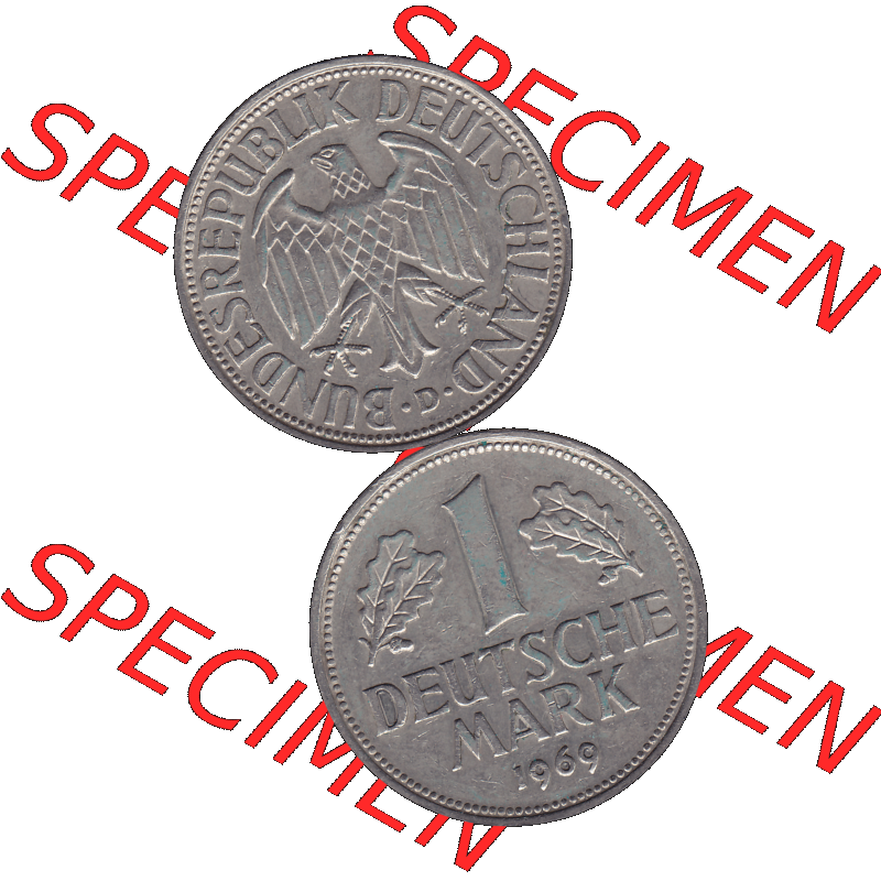 BRD Münzen 1 DM, Umlaufmünze 1950-2001, 1 / Eine DM - Eine Deutsche Mark, 1969 D-1. Münzen-Rückseite und Münzen-Vorderseite vertikal untereinander... Sammlung