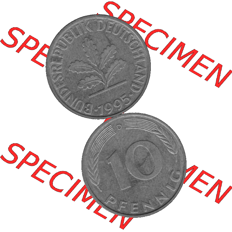 BRD Münzen 10 Pf. Umlaufmünze in PNG 1950-2001, 10 Pfennig 1995 D-01 Graustufen. Graustufen-Bild erstellt aus Farbigen Bild mit Vorderseite und Rückseite auf einen Bild... Sammlung