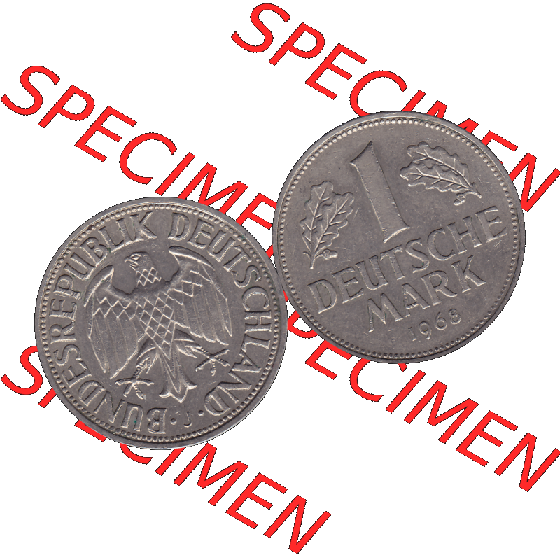BRD Münzen 1 DM, Umlaufmünze 1950-2001, BRD Deutschland 1 / Eine DM - 1 Eine Deutsche Mark, 1968 Münzzeichen Hamburg Mzz J-1. Münzen-Rückseite und... Sammlung