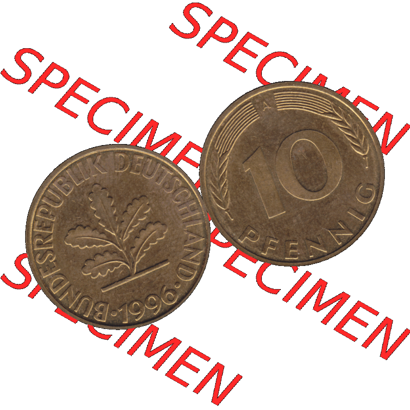 BRD Münzen 10 Pf. Umlaufmünze in PNG 1990-2001, 10 Pfennig 1996 A-01. Vorderseite und Rückseite mit Wert-Zahl auf einen Bild / Foto der digitalisierten 10 Pfennig... Sammlung