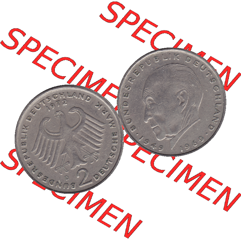 BRD Münzen 2 DM, Gedenkmünze in PNG 1969-1987, 2 DM, Deutsche Mark Konrad Adenauer 1972 Münzzeichen München D-1. Vorderseite und Rückseite mit Deutschen... Sammlung