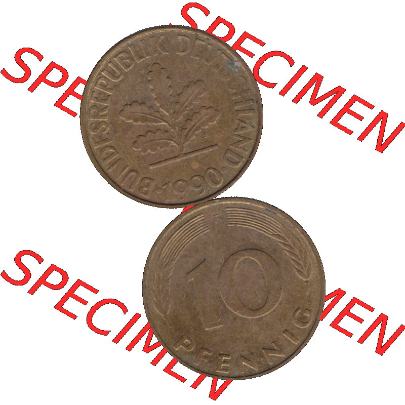 BRD Münzen 10 Pf. Umlaufmünze in PNG 1950-2001, 10 Pfennig 1990 F-01. Vorderseite und Rückseite auf einen Bild / Foto vertikal untereinander zusammengefügt,... Sammlung