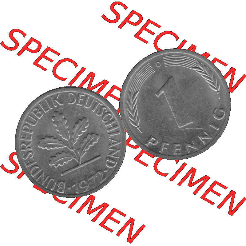 BRD Münzen 1 Pfennig Umlaufmünze in Graustufen PNG 1950-2001, 1 Pfennig 1972 München D-01. Graustufen-Bilder der Vorderseite und Rückseite mit Wert-Zahl auf einen Bild... Sammlung