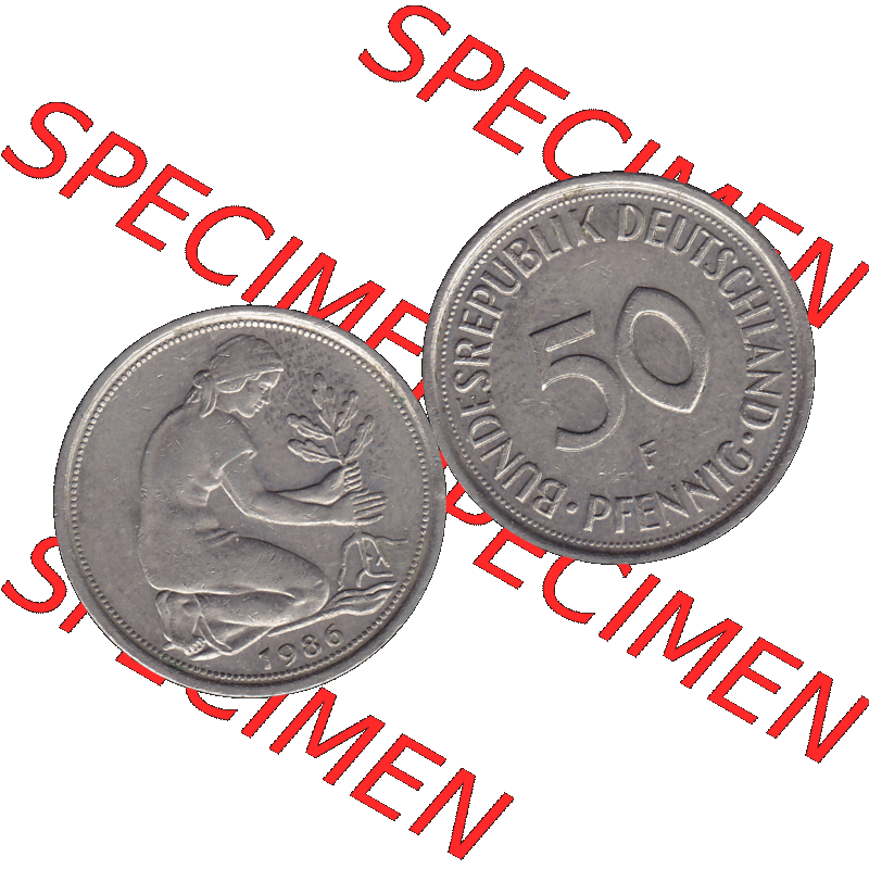 BRD Münzen 50 Pf. Umlaufmünze in PNG 1950-2001, 50 Pfennig 1986 F-01. Vorderseite und Rückseite mit Wert-Zahl auf einen Bild / Foto der digitalisierten 50 Pfennig... Sammlung