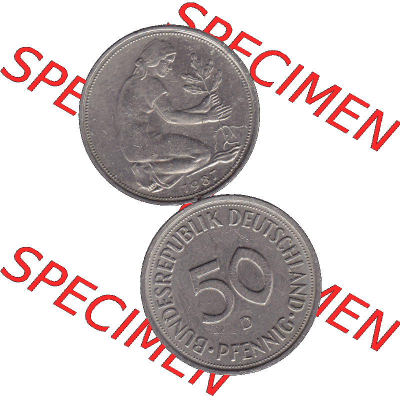 BRD Münzen 50 Pf. Umlaufmünze in PNG 1950-2001, 50 Pfennig BRD Deutschland 1987 D-01. Vorderseite und Rückseite auf einen Bild / Foto vertikal untereinander zusammengefügt,... Sammlung