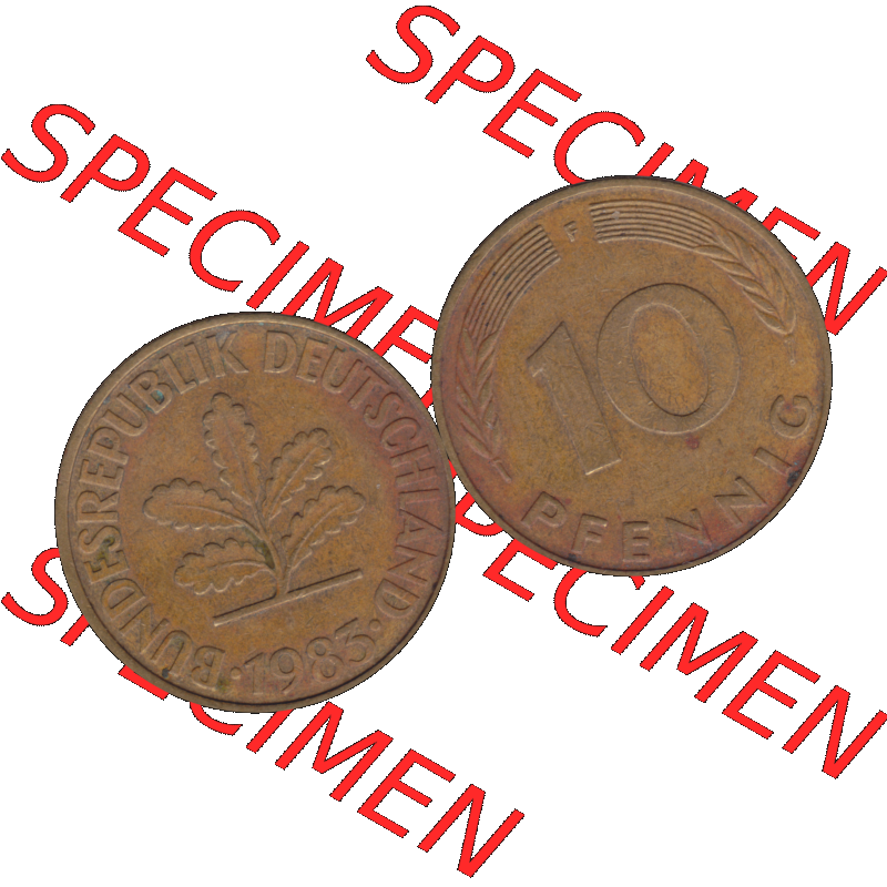 BRD Münzen 10 Pf. Umlaufmünze in PNG 1950-2001, 10 Pfennig 1985 F-01. Vorderseite und Rückseite mit Wert-Zahl auf einen Bild / Foto der digitalisierten 10 Pfennig... Sammlung