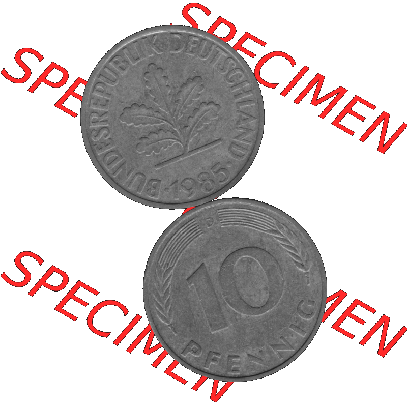 BRD Münzen 10 Pf. Umlaufmünze in PNG 1950-2001, 10 Pfennig 1985 D-01 Graustufen. Graustufen-Bild erstellt aus Farbigen Bild mit Vorderseite und Rückseite auf einen Bild... Sammlung