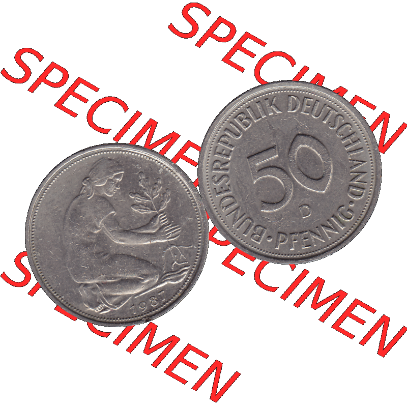 BRD Münzen 50 Pf. Umlaufmünze in PNG 1950-2001, 50 Pfennig BRD Deutschland 1987 D-01. Vorderseite und Rückseite mit Wert-Zahl auf einen Bild / Foto der digitalisierten... Sammlung