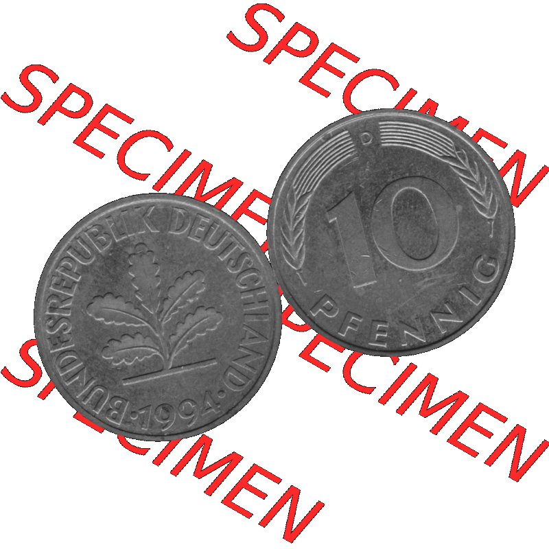 BRD Münzen 10 Pf. Umlaufmünze in PNG 1950-2001, 10 Pfennig 1994 D-03 Graustufen. Graustufen-Bilder der Vorderseite und Rückseite mit Wert-Zahl auf einen Bild / Foto... Sammlung