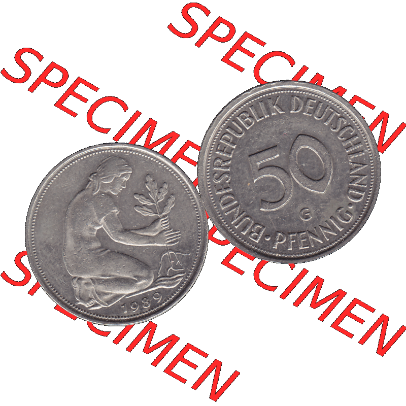 BRD Münzen 50 Pf. Umlaufmünze in PNG 1950-2001, 50 Pfennig 1989 G-01. Vorderseite und Rückseite mit Wert-Zahl auf einen Bild / Foto der digitalisierten 50 Pfennig... Sammlung