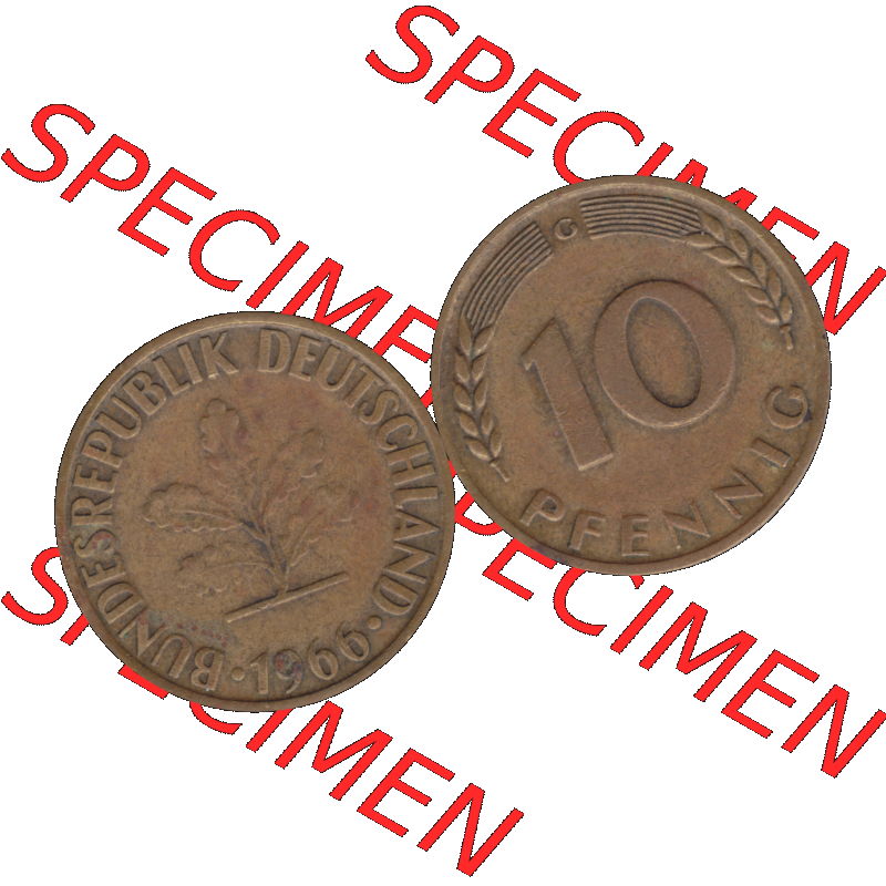BRD Münzen 10 Pf. Umlaufmünze in PNG 1950-2001, 10 Pfennig 1966 G-01. Vorderseite und Rückseite mit Wert-Zahl auf einen Bild / Foto der digitalisierten 10 Pfennig... Sammlung