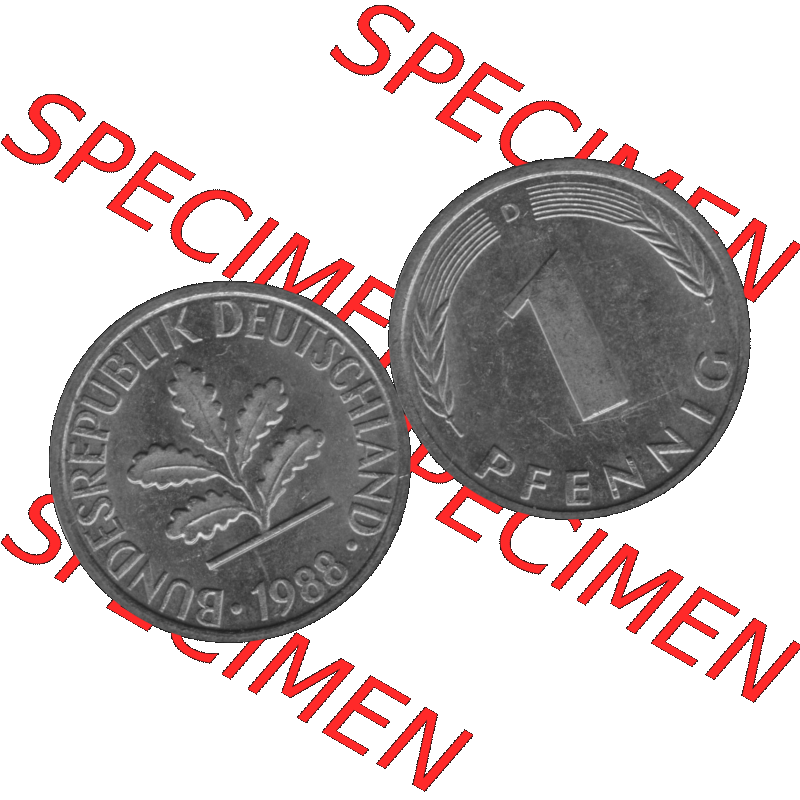 BRD Münzen 1 Pfennig Umlaufmünze in Graustufen PNG 1950-2001, 1 Pfennig 1988 München D-01. Graustufen-Bilder der Vorderseite und Rückseite mit Wert-Zahl auf einen Bild... Sammlung