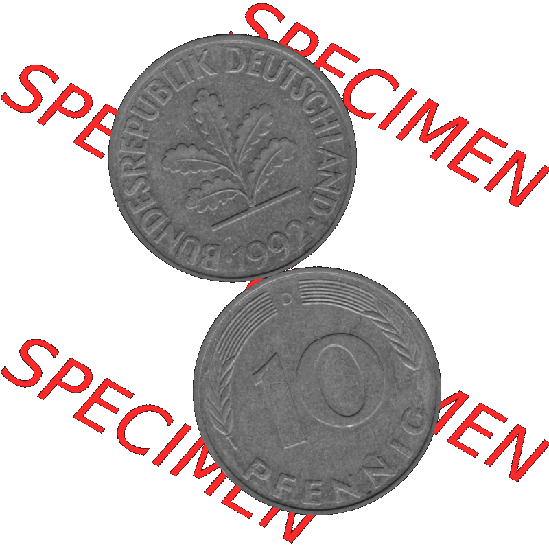 BRD Münzen 10 Pf. Umlaufmünze in PNG 1950-2001, 10 Pfennig 1992 D-01 Graustufen. Graustufen-Bild erstellt aus Farbigen Bild mit Vorderseite und Rückseite auf einen Bild... Sammlung