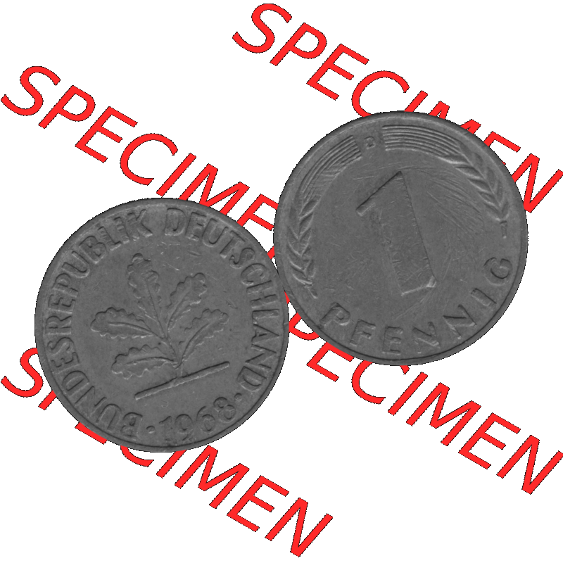 BRD Münzen 1 Pfennig Umlaufmünze in Graustufen PNG 1950-2001, 1 Pfennig 1968 München D-01. Graustufen-Bilder der Vorderseite und Rückseite mit Wert-Zahl auf einen Bild... Sammlung