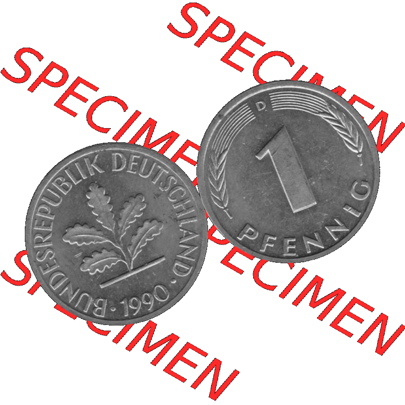 BRD Münzen 1 Pfennig Umlaufmünze in Graustufen PNG 1950-2001, 1 Pfennig 1990 München D-01. Graustufen-Bilder der Vorderseite und Rückseite mit Wert-Zahl auf einen Bild... Sammlung
