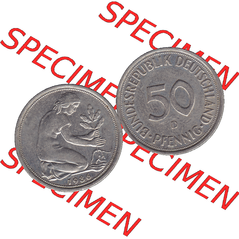 BRD Münzen 50 Pf. Umlaufmünze in PNG 1950-2001, 50 Pfennig BRD Deutschland 1986 D-01. Vorderseite und Rückseite mit Wert-Zahl auf einen Bild / Foto der digitalisierten... Sammlung
