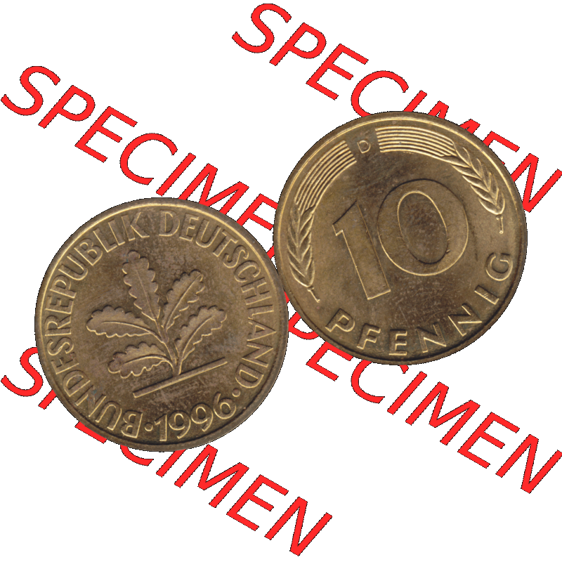 BRD Münzen 10 Pf. Umlaufmünze in PNG 1950-2001, 10 Pfennig 1996 D-01. Vorderseite und Rückseite mit Wert-Zahl auf einen Bild / Foto der digitalisierten 10 Pfennig... Sammlung