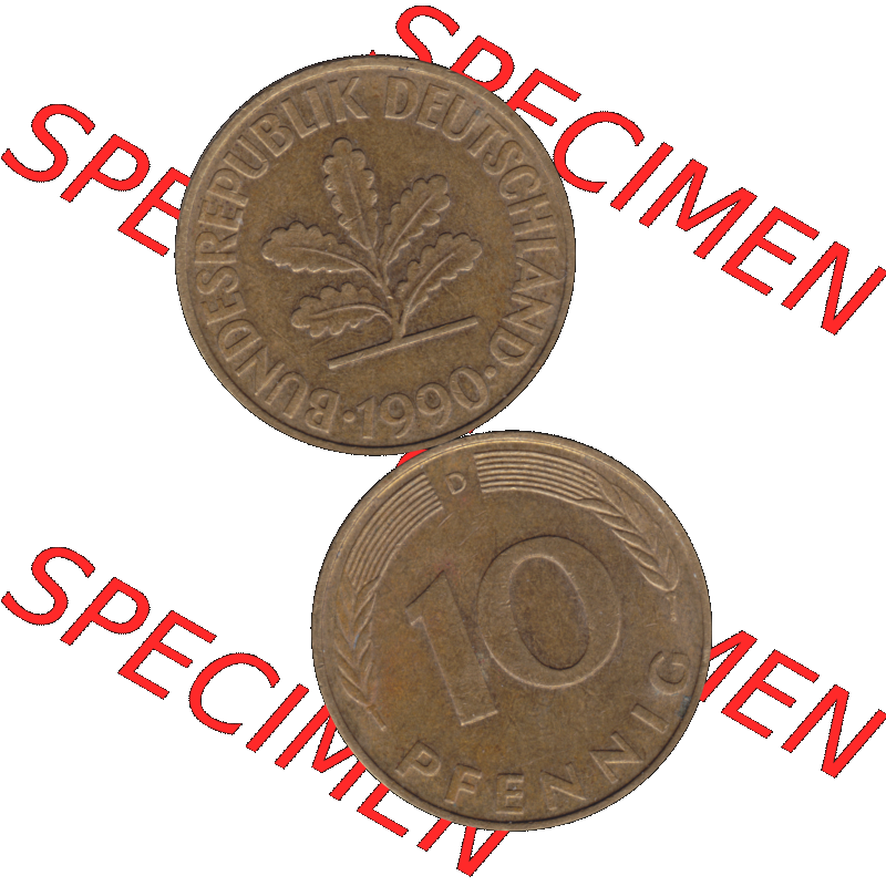 BRD Münzen 10 Pf. Umlaufmünze in PNG 1950-2001, 10 Pfennig 1990 D-01. Vorderseite und Rückseite auf einen Bild / Foto vertikal untereinander zusammengefügt,... Sammlung