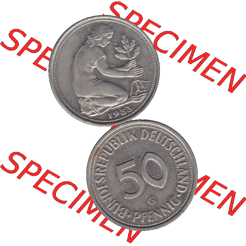 BRD Münzen 50 Pf. Umlaufmünze in PNG 1950-2001, 50 Pfennig BRD Deutschland 1983 Münzstätte Karlsruhe Mzz. G-01. 50 Pfennig Münze BRD der 1980-er Jahre.... Sammlung