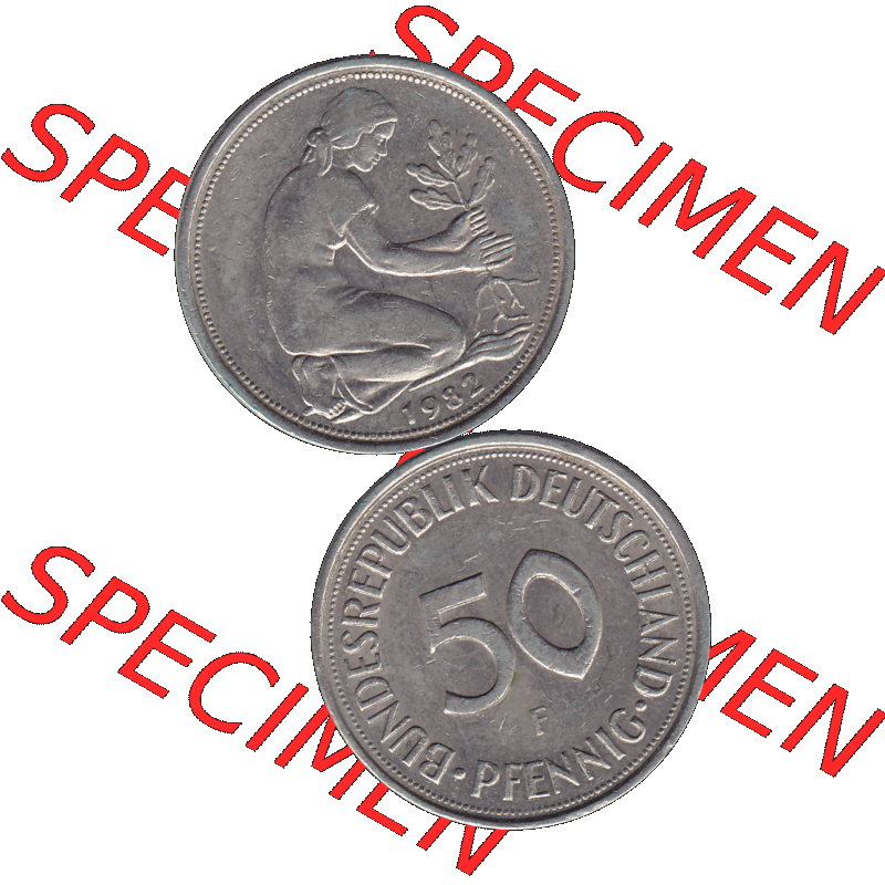 BRD Münzen 50 Pf. Umlaufmünze in PNG 1950-2001, 50 Pfennig BRD Deutschland 1982 Münzstätte Stuttgart Mzz. "F"-01. 50 Pfennig Münze der 1980-er... Sammlung