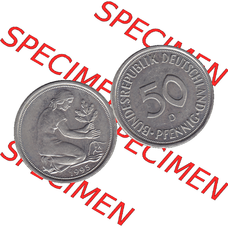 BRD Münzen 50 Pf. Umlaufmünze in PNG 1950-2001, 50 Pfennig BRD Deutschland 1995 München D-1. Transparente Vorderseite und Rückseite als PNG-Grafik mit Wert-Zahl... Sammlung