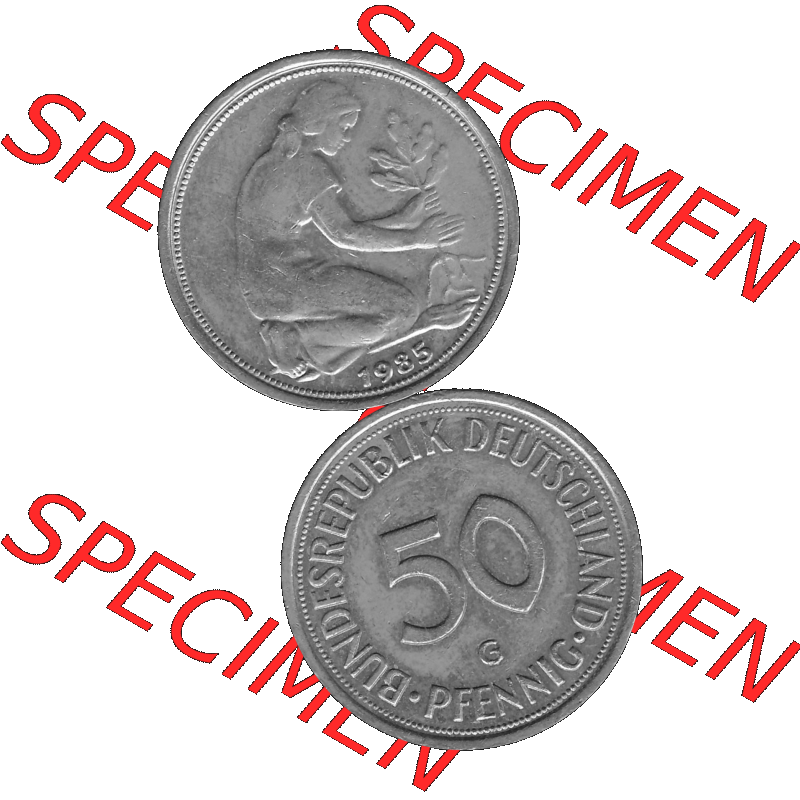 BRD Münzen Deutschland G 50 Pf. Umlaufmünze in Graustufen PNG 1950-2001, 50 Pfennig 1985 Münzzeichen "G" für Karlsruhe - "G"-01 Graustufen. PNG... Sammlung