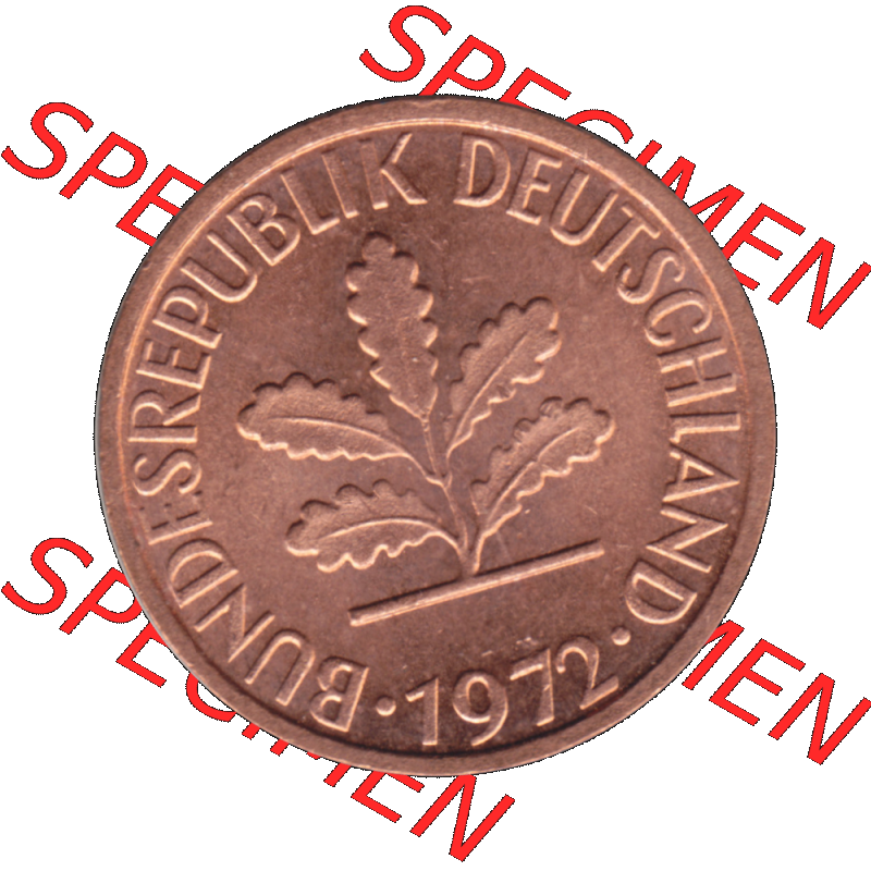BRD Münzen 1 Pfennig Umlaufmünze in PNG 1950-2001, 1 Pfennig 1972, 1970er Jahre Stuttgart F-01. Vorderseite der digitalisierte 1 / Ein - Pfennig BRD F, mit Mzz.... Sammlung