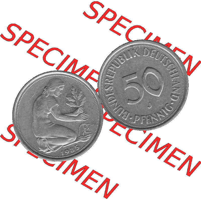 BRD Münzen Deutschland J 50 Pf. Umlaufmünze in Graustufen PNG 1950-2001, 50 Pfennig 1985 Münzzeichen "J" für Hamburg "J"-01 Graustufen. PNG Computer-Grafik... Sammlung