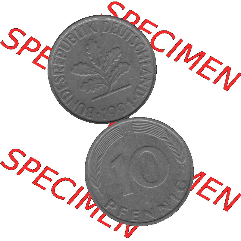 BRD Münzen 10 Pf. Umlaufmünze in PNG 1990-2001, 10 Pfennig 1991 A-01 Graustufen. Graustufen-Bilder mit Vorderseite und Rückseite auf einen Bild / Foto vertikal untereinander... Sammlung