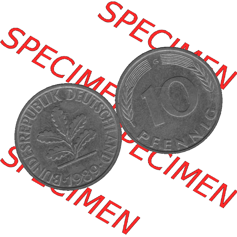 BRD Münzen 10 Pf. Umlaufmünze in PNG 1950-2001, 10 Pfennig 1989 G-10 Graustufen. Graustufen-Bild vom Scanner aus farbigen Bild mit Vorderseite und Rückseite mit Wert-Zahl... Sammlung