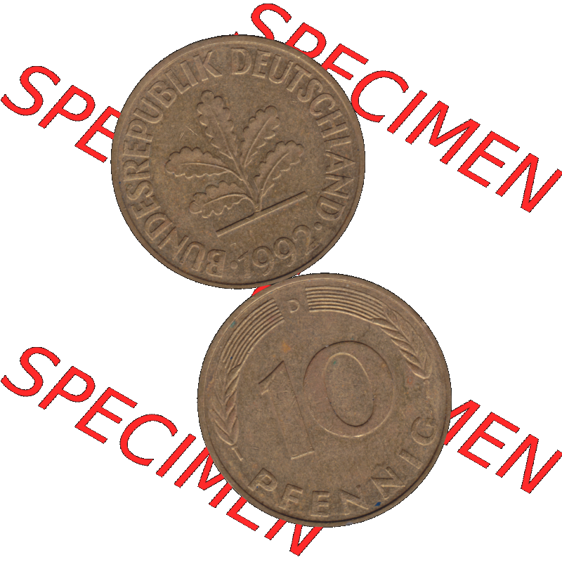 BRD Münzen 10 Pf. Umlaufmünze in PNG 1950-2001, 10 Pfennig 1992 D-01. Vorderseite und Rückseite auf einen Bild / Foto vertikal untereinander zusammengefügt,... Sammlung