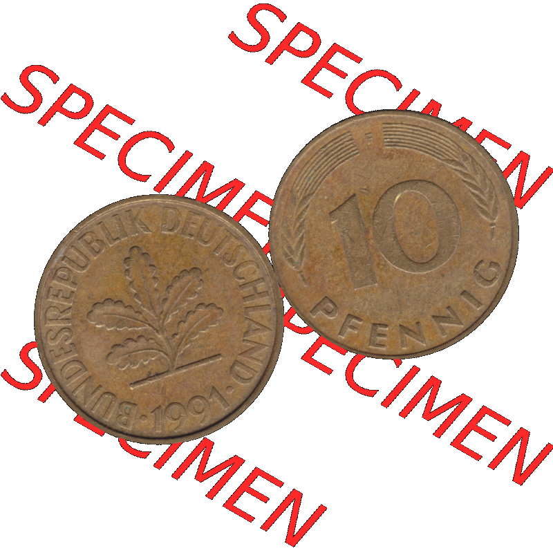 BRD Münzen 10 Pf. Umlaufmünze in PNG 1950-2001, 10 Pfennig 1991 F-05. Vorderseite und Rückseite mit Wert-Zahl auf einen Bild / Foto der digitalisierten 10 Pfennig... Sammlung