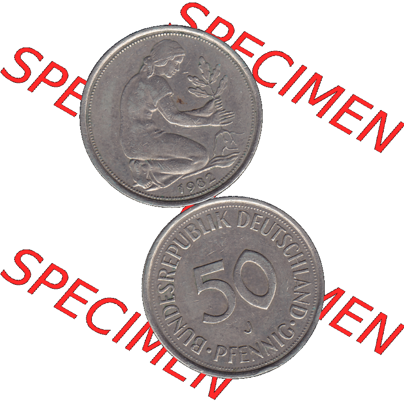 BRD Münzen 50 Pf. Umlaufmünze in PNG 1950-2001, 50 Pfennig BRD Deutschland 1982 Münzstätte Hamburg Mzz. "J"-01. PNG Computer-Grafik einer digitalisierten... Sammlung