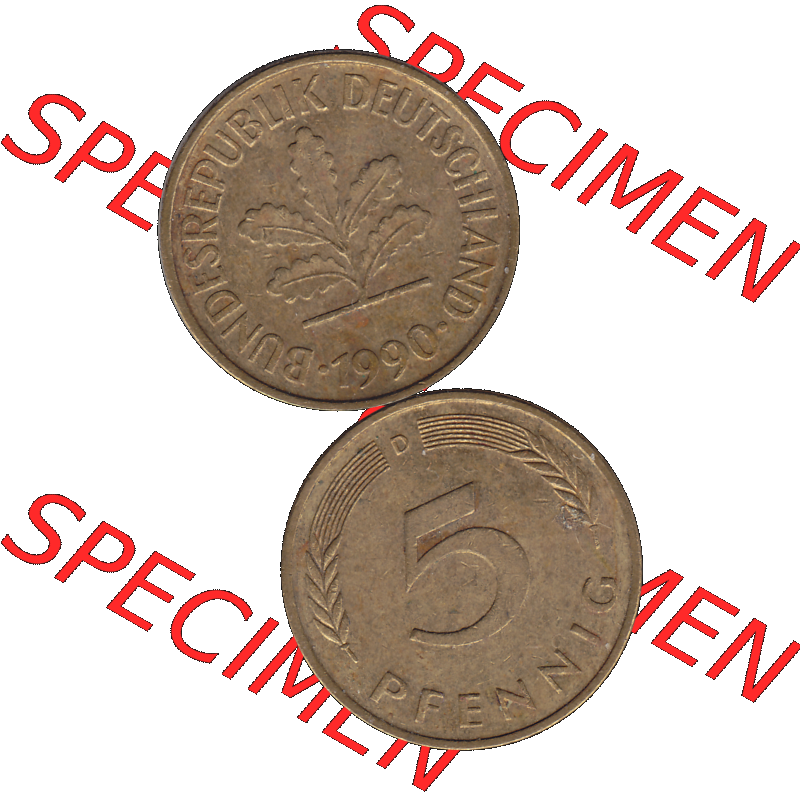 BRD Münzen 5 Pf., Umlaufmünze 1950-2001, 5 Pfennig Deutschland der BRD, 1990 Münzstätte München Mzz. D-01. Vorderseite und Rückseite... Sammlung