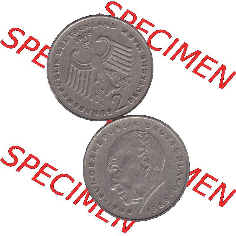 BRD Münzen 2 DM, Gedenkmünze in PNG 1969-1987, 2 DM, Deutsche Mark Konrad Adenauer 1973 Münzzeichen Mzz Stuttgart F-1. Vorderseite und Rückseite mit Deutschen... Sammlung