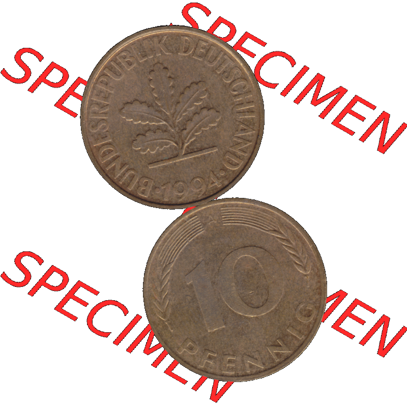 BRD Münzen 10 Pf. Umlaufmünze in PNG 1990-2001, 10 Pfennig 1994 A-01. Vorderseite und Rückseite auf einen Bild / Foto vertikal untereinander zusammengefügt,... Sammlung