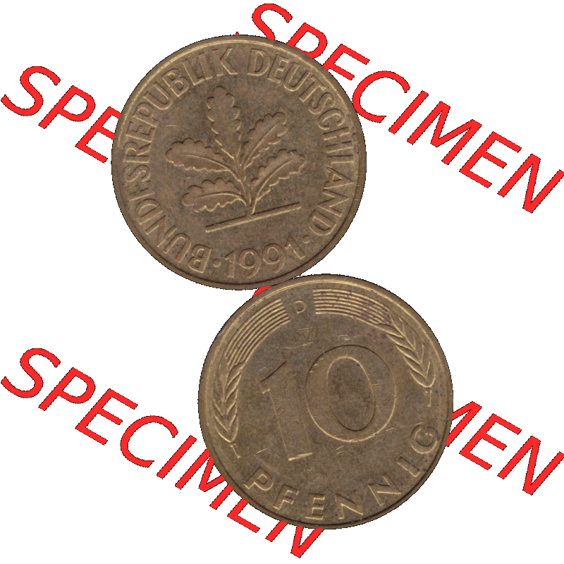 BRD Münzen 10 Pf. Umlaufmünze in PNG 1950-2001, 10 Pfennig 1991 D-10. Vorderseite und Rückseite auf einen Bild / Foto vertikal untereinander zusammengefügt,... Sammlung