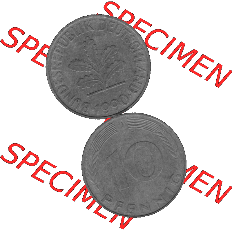 BRD Münzen 10 Pf. Umlaufmünze in PNG 1950-2001, 10 Pfennig 1990 J-02 Graustufen. PNG-Bild in transparenten Graustufen aus zwei farbigen Bildern vom Scanner mit Vorderseite... Sammlung