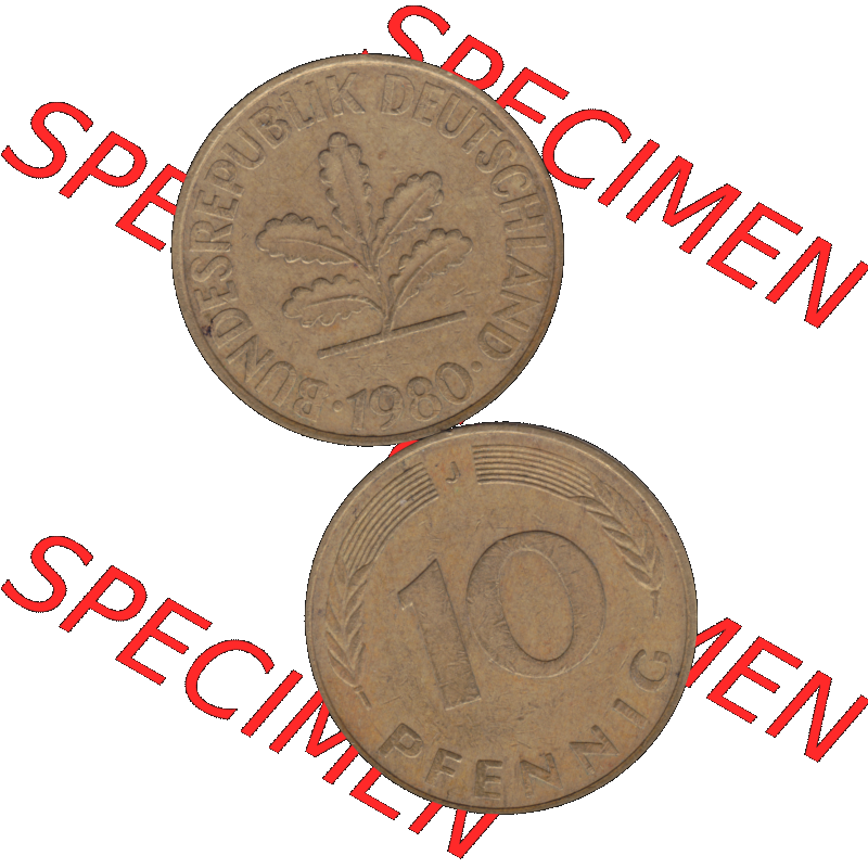 BRD Münzen 10 Pf. Umlaufmünze in PNG 1950-2001, 10 Pfennig der Bundesrepublik Deutschland 1980 Münzstätte Hamburg Mzz. J-01. Vorderseite und Rückseite... Sammlung