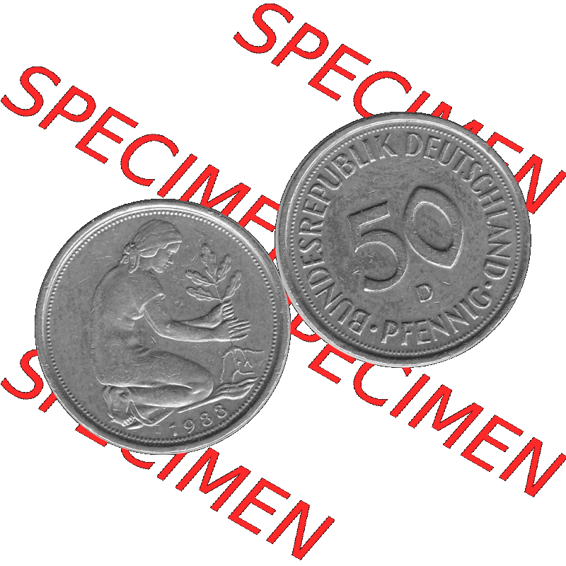 BRD Münzen Deutschland D 50 Pf. Umlaufmünze in Graustufen PNG 1950-2001, 50 Pfennig 1988 Münzzeichen "D" für München - "D"-01 Graustufen.... Sammlung