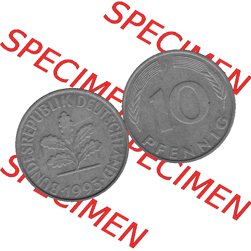 BRD Münzen 10 Pf. Umlaufmünze in PNG 1950-2001, 10 Pfennig 1993 F-01 Graustufen. Graustufen-Bild aus Farbigen Bilder mit Vorderseite und Rückseite mit Wert-Zahl auf einen... Sammlung