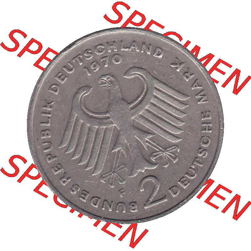 BRD Münzen 2 DM, Gedenkmünze in PNG 1969-1987, 2 DM, Deutsche Mark Konrad Adenauer 1970 Münzzeichen Mzz Stuttgart F-1. Vorderseite mit Deutschen Adler von 2 DM Gedenkmünze... Sammlung