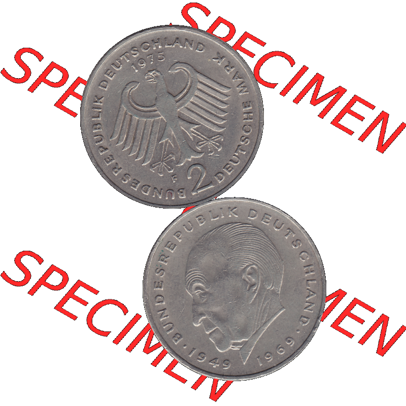 BRD Münzen 2 DM, Gedenkmünze in PNG 1969-1987, 2 DM, Deutsche Mark Konrad Adenauer 1975 Münzzeichen Mzz Stuttgart F-1. Vorderseite und Rückseite mit Deutschen... Sammlung