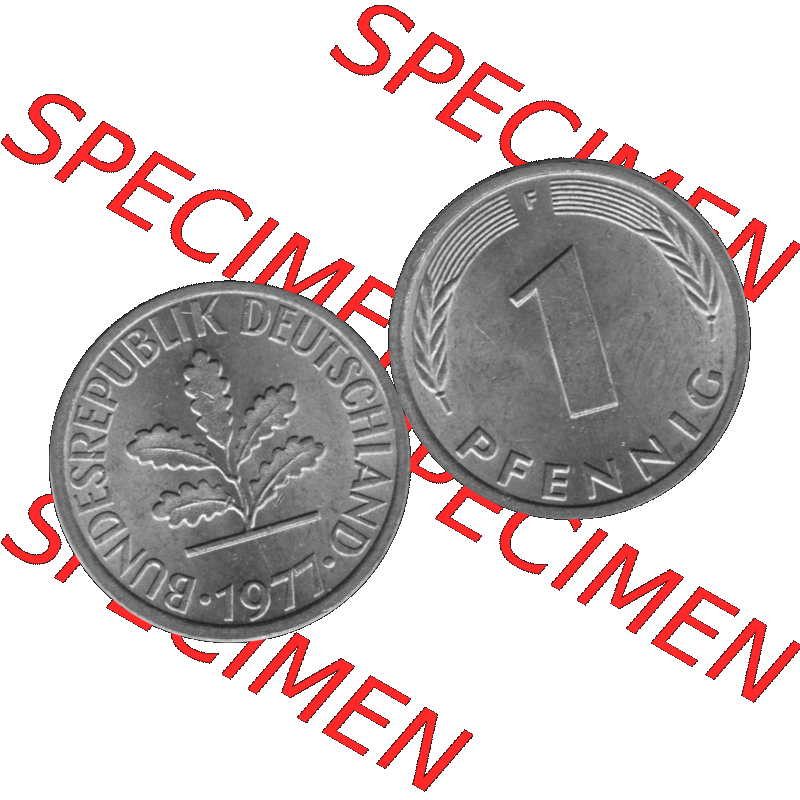 BRD Münzen 1 Pfennig Umlaufmünze in Graustufen PNG 1950-2001, 1 Pfennig 1977, 1970er Jahre Mzz. F-01. Graustufen-Bild aus Farbigen Bilder mit Vorderseite und Rückseite... Sammlung