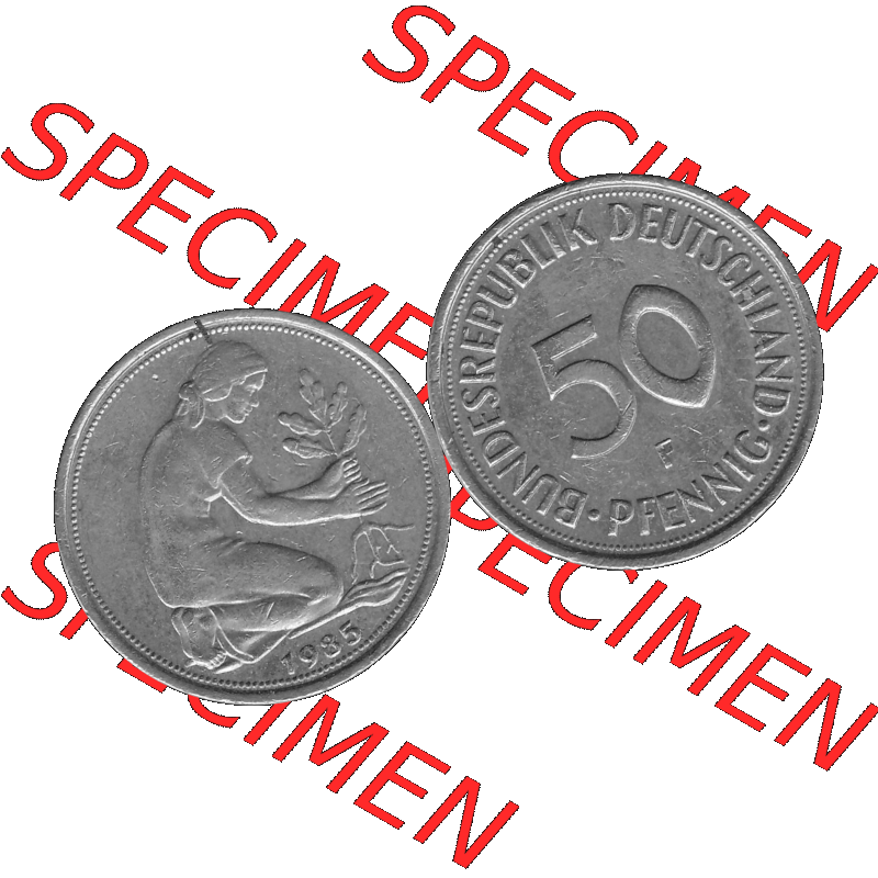BRD Münzen Deutschland F 50 Pf. Umlaufmünze in Graustufen PNG 1950-2001, 50 Pfennig 1985 Münzzeichen "F" für Stuttgart - "F"-01 Graustufen. PNG... Sammlung