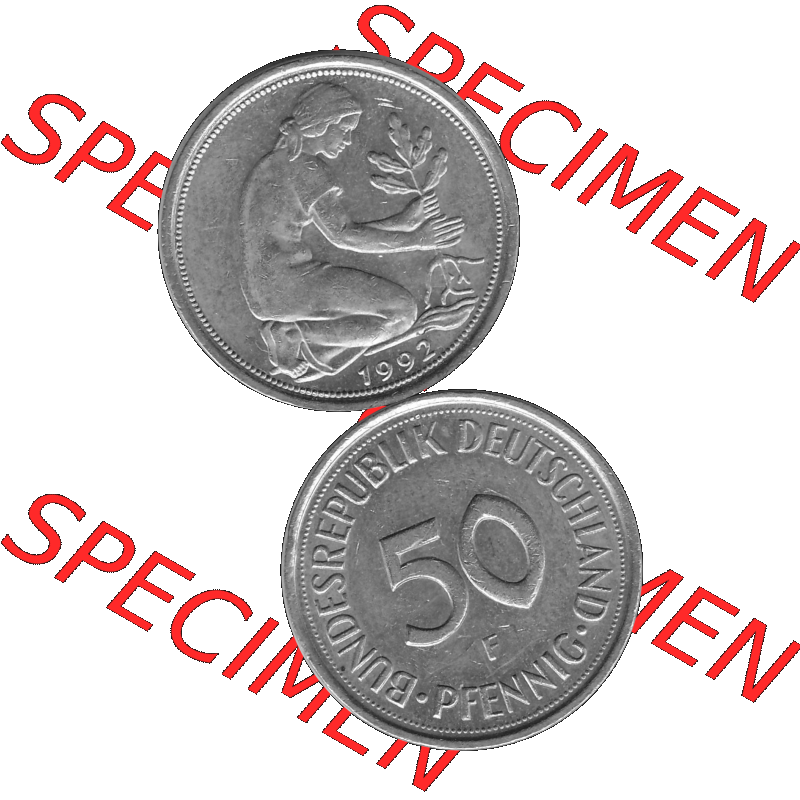 BRD Münzen Deutschland F 50 Pf. Umlaufmünze in Graustufen PNG 1950-2001, 50 Pfennig 1992 Münzzeichen "F" für Stuttgart - "F"-01 Graustufen. PNG... Sammlung