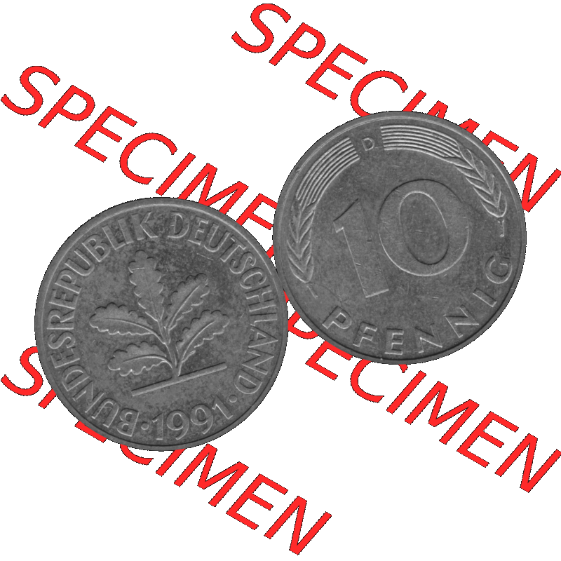BRD Münzen 10 Pf. Umlaufmünze in PNG 1950-2001, 10 Pfennig 1991 D-01 Graustufen. Graustufen-Bilder der Vorderseite und Rückseite mit Wert-Zahl auf einen Bild / Foto... Sammlung